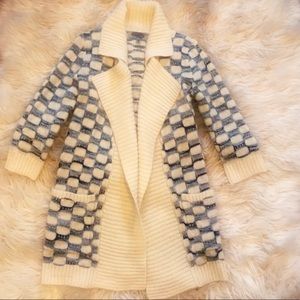 UO Ecote Long Open Front Checkered Chunky Sweater